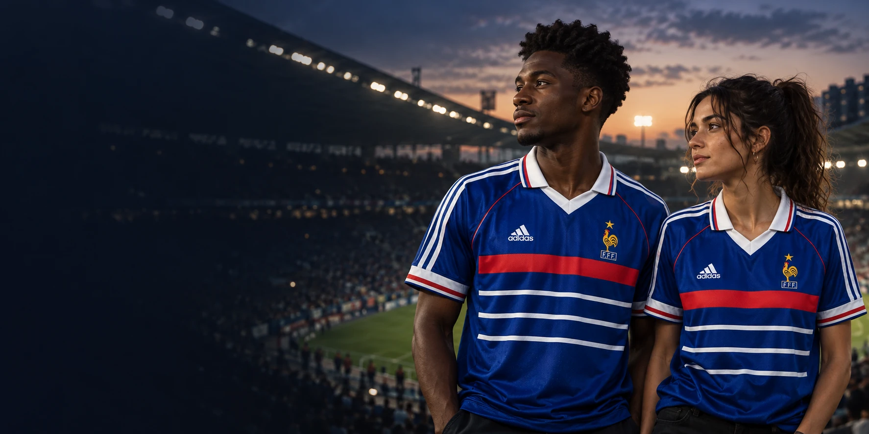 Deux supporters portant des maillots bleus dans un stade au crépuscule.