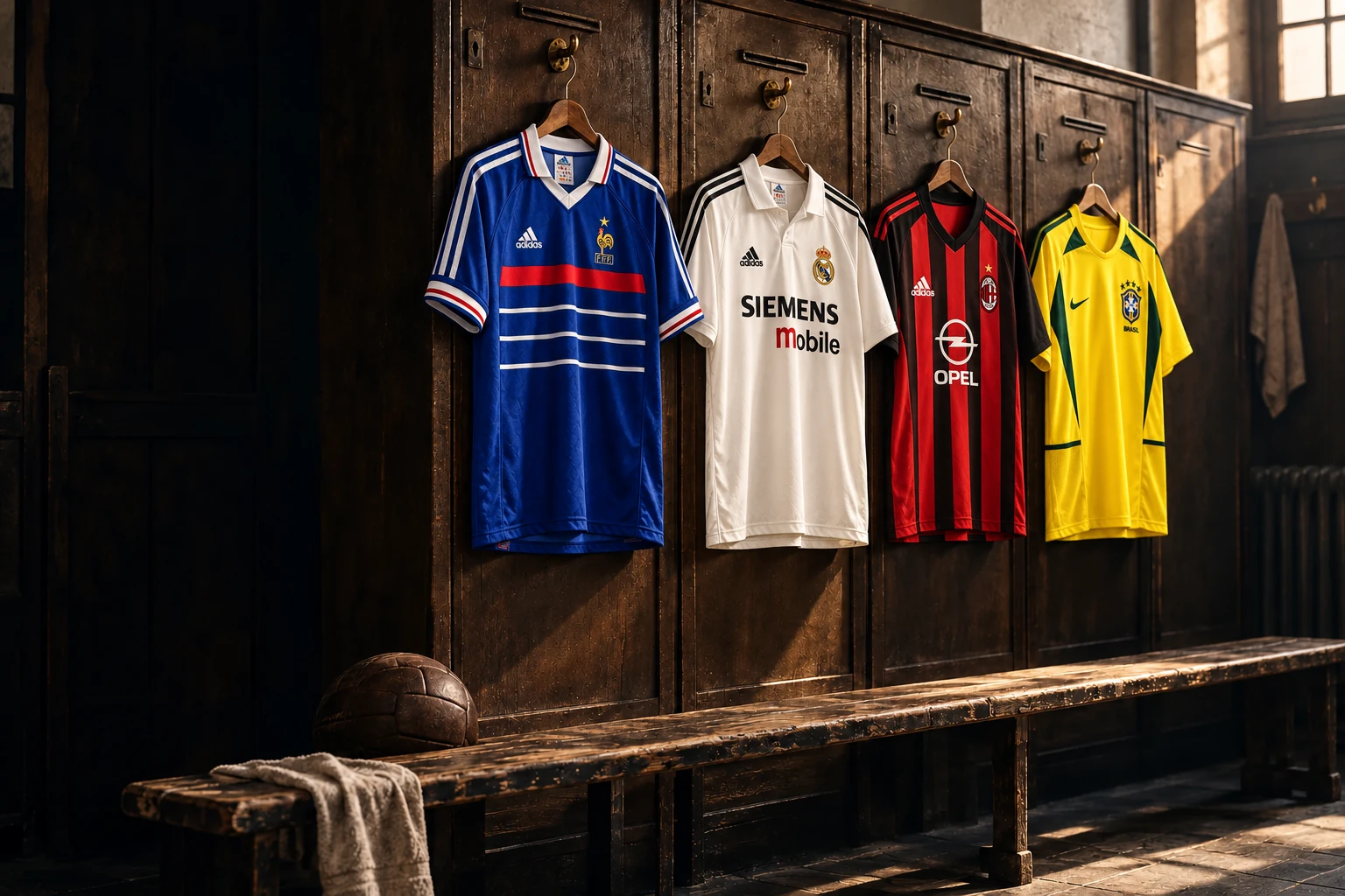 Quatre maillots de style rétro suspendus dans un vestiaire en bois.