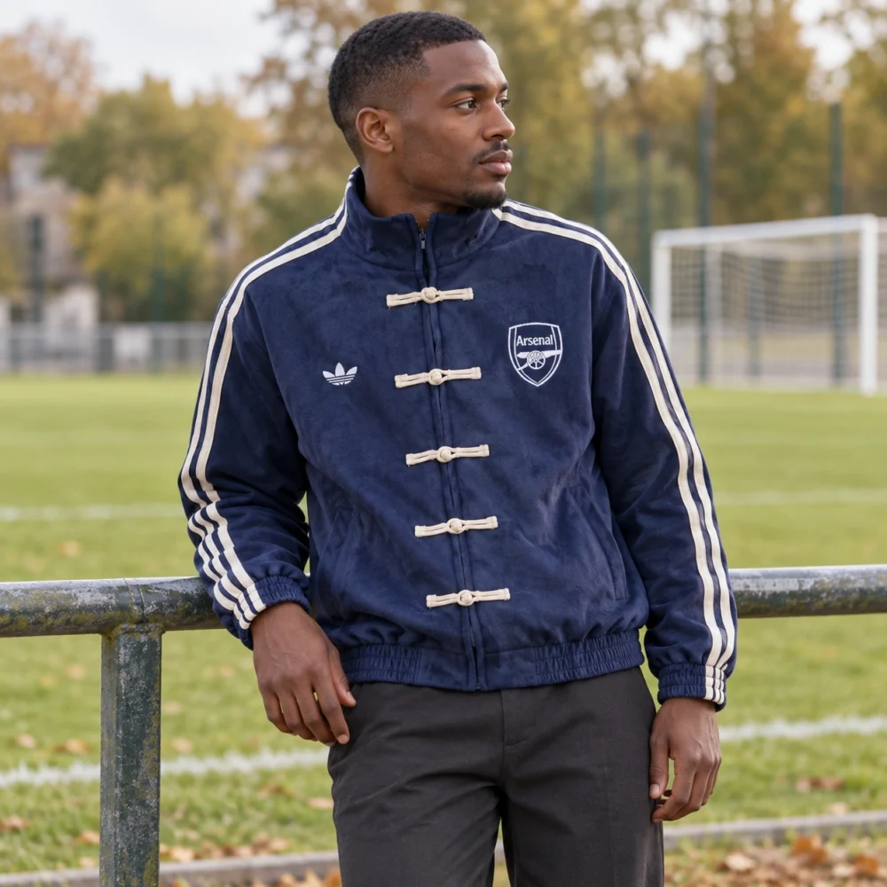 Veste Arsenal bleu marine à attaches · Adulte — Le modèle porté au bord du terrain