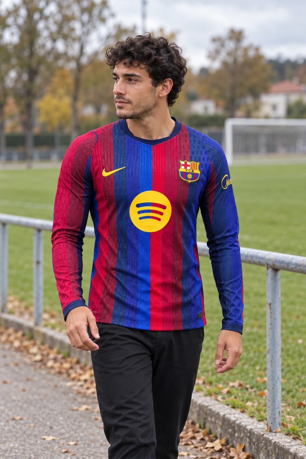 Maillot FC Barcelone 2026/27 domicile manches longues · Joueur (Player) — Le modèle porté au bord du terrain