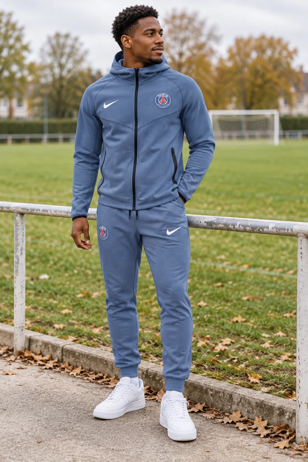 Survêtement PSG 2026/27 à capuche bleu gris · Adulte — Le modèle porté au bord du terrain